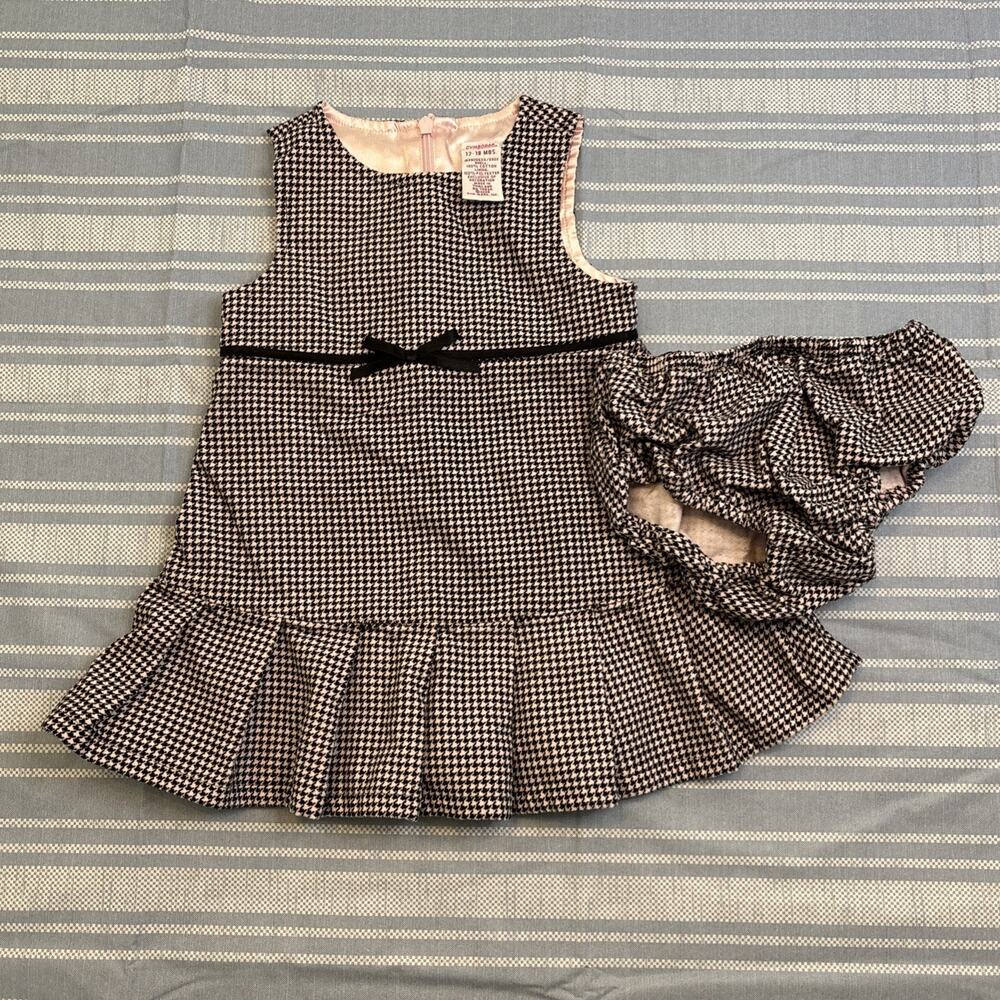 Gymboree Houndstooth Jumper Dress Baby Girl Black Pink Gocco Pleated VTG 12 18 M